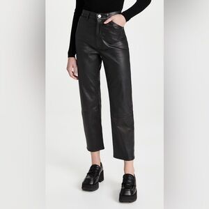 SPRWMN Black Leather High Rise Straight Leg Crop Pants, Size S